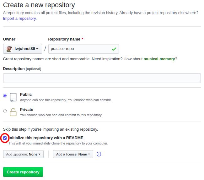 Checkmark to click to add a README to your new repository.