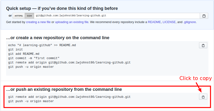 Code to copy and paste to link and upload an existing Git repository in GitHub.