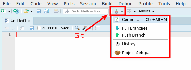The Git button location in RStudio.