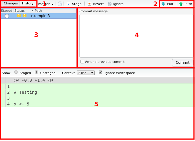 The Git interface in RStudio.