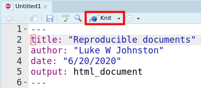 Location of the Knit button in RStudio.